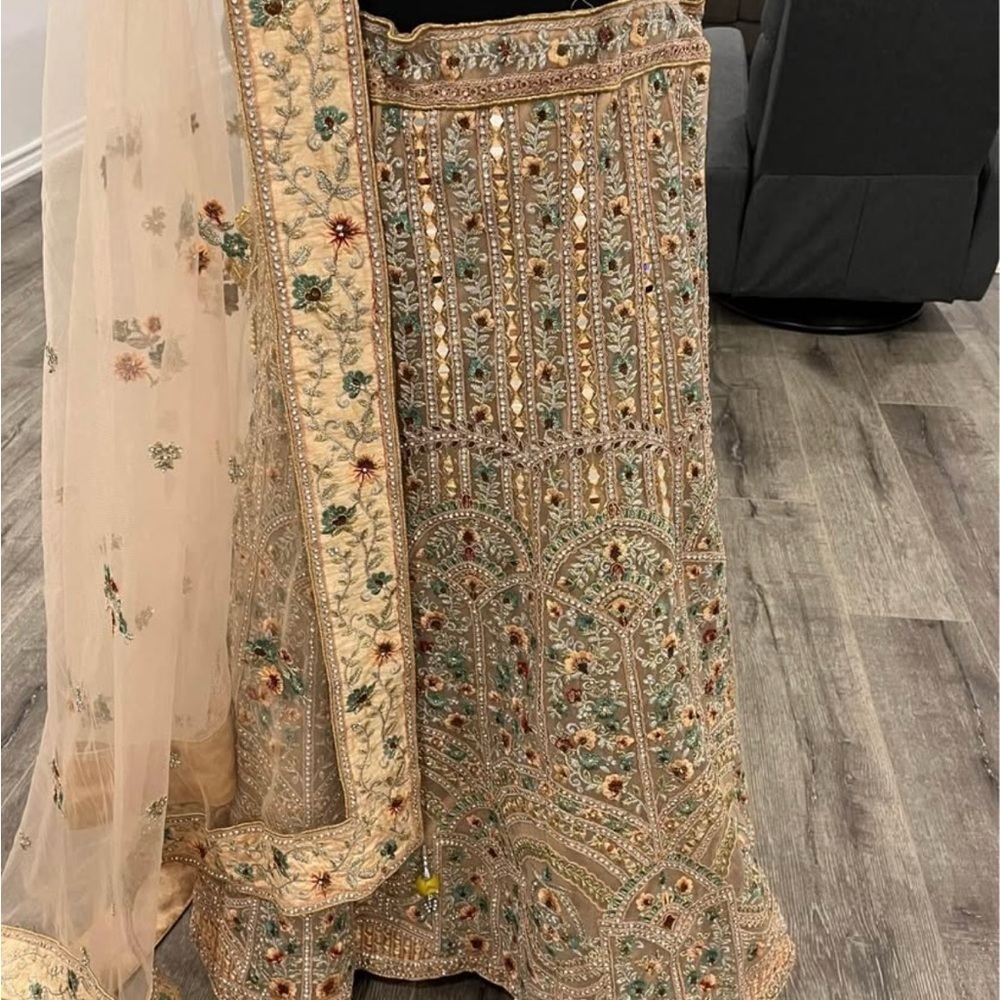 Embroidered Beige Lehenga Choli Set - Picture 5 of 11